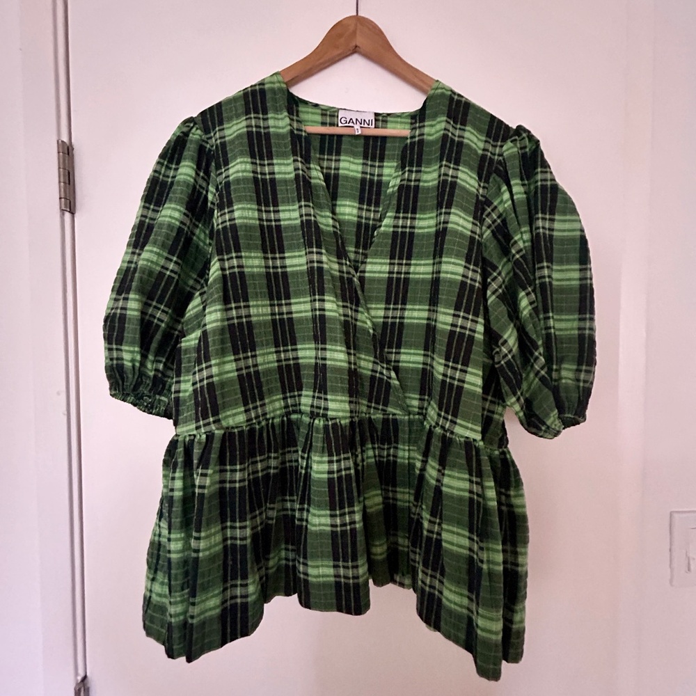 GANNI green & black plaid puff sleeve peplum top size 18